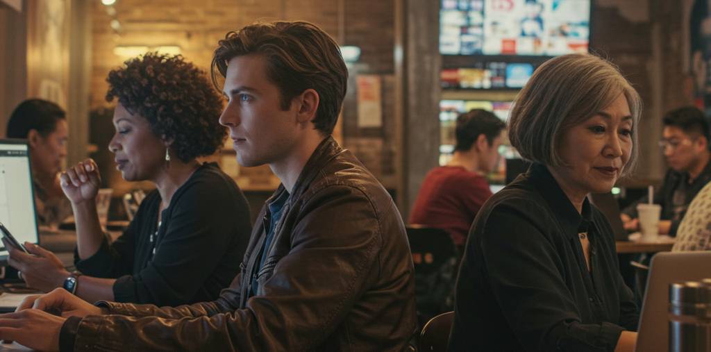 a group of people in an internet cafe using social media